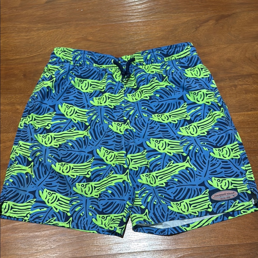 Vineyard Vines Blue and Green Swim Trunks with Fish and Palm leave design large